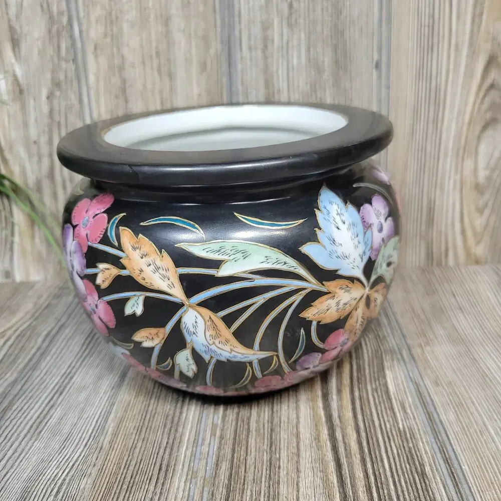 Vintage Hand Painted Floral Black Planter, Oklahoma Importing Co - Picture 3 of 7